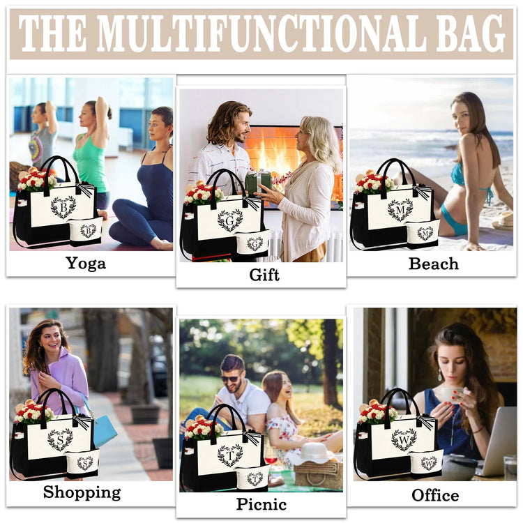 Initial Tote Bag with Make up Bag Canvas Beach Bag with Zipper Birthday Valentine&