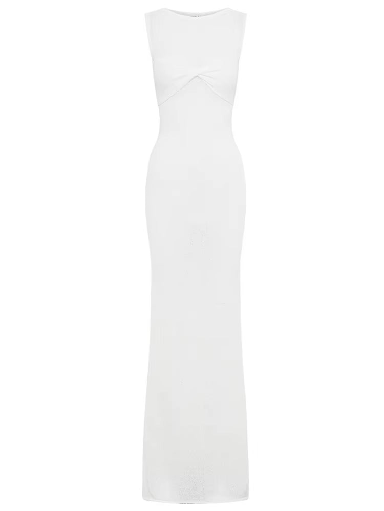 Summer Beach Knit Maxi Dress for Women Cover-Up Pink Sleeveless Twist Sundress Knitwear See-Through Maxi Bodycon Dress New