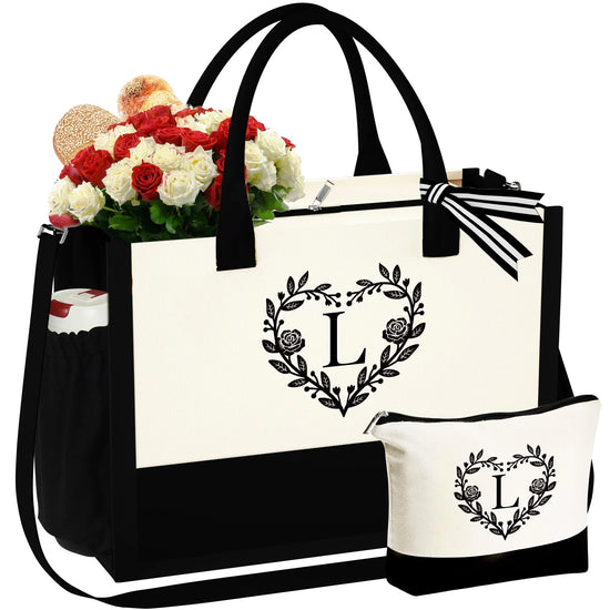 Initial Tote Bag with Make up Bag Canvas Beach Bag with Zipper Birthday Valentine&
