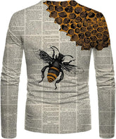 Long Sleeve Shirts for Men Art Bee Printing 3D Graphic Tees Shirts Color Block Tie Dye Tops Mens 3D Tshirts Loose Fit White