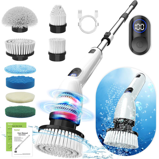 TUYU Electric Spin Scrubber, Full-Body IPX7 Waterproof Bathroom Scrubber with Power LCD Display, Adjustable Extension Handle, Cordless Shower Cleaner Brush for Bathtub Kitchen Wall Cleaning
