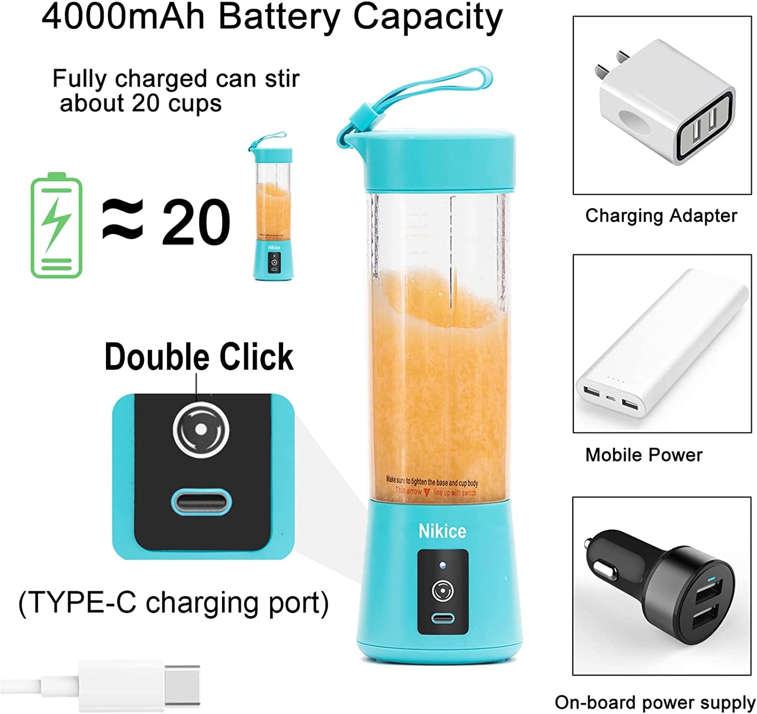 Personal Size Blender Juicer Cup - Portable Smoothies and Shakes Blender, Handheld Fruit Machine - Blue