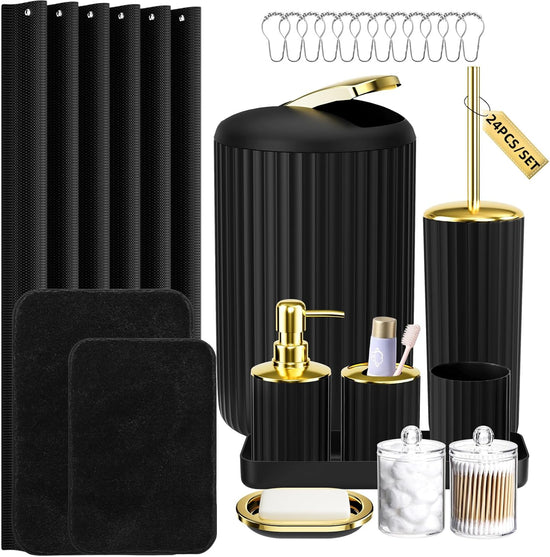 Black and Gold Bathroom Set with Shower Curtain and Rugs, Bathroom Accessories Sets with Extra Soft and Absorbent Bath Rugs Shower Curtain Black Bathroom Sets for Bath