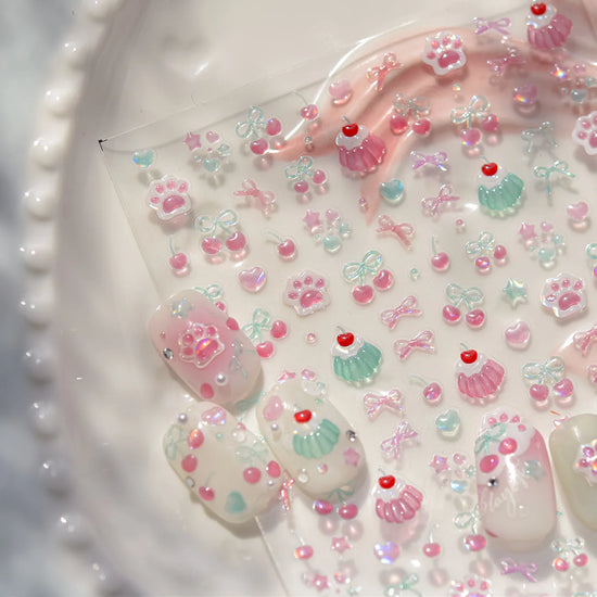 1 Uds. De pegatinas pequeñas y bonitas con forma de garra de gato y cereza para decoración de uñas, pegatinas brillantes 5D de gelatina, pudín de cereza, diseño de lazos, deslizadores adhesivos para uñas