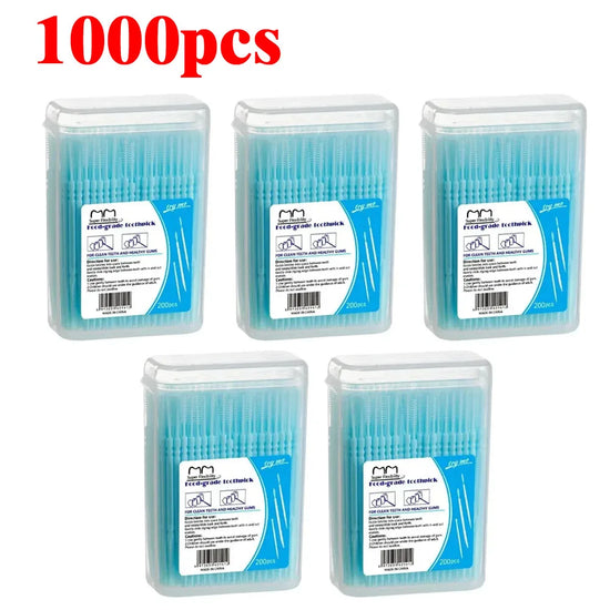 200 unids/caja palillos de dientes de plástico cepillo Interdental desechable de doble cabeza cabezal de hilo Dental higiene bucal limpia la boca