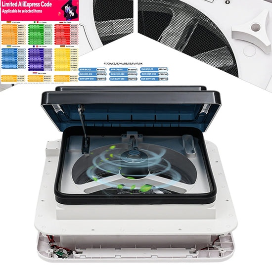 12V Caravana Ventilación Skylight RV Ventilador Ventilación Camper Extractor Ducha Techo 280x280mm con luz LED