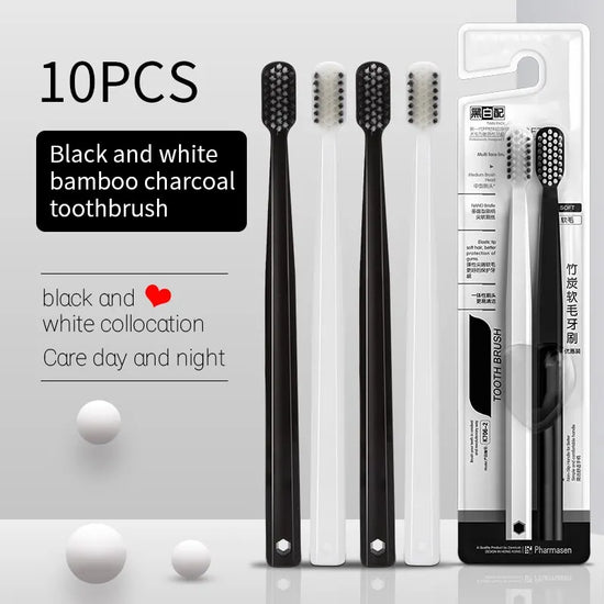 10 cepillos de dientes de cerdas suaves de seda con cepillo de carbón de bambú, cepillos de dientes para adultos para hombres y mujeres en blanco y negro, juego familiar