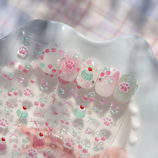 1 Uds. De pegatinas pequeñas y bonitas con forma de garra de gato y cereza para decoración de uñas, pegatinas brillantes 5D de gelatina, pudín de cereza, diseño de lazos, deslizadores adhesivos para uñas