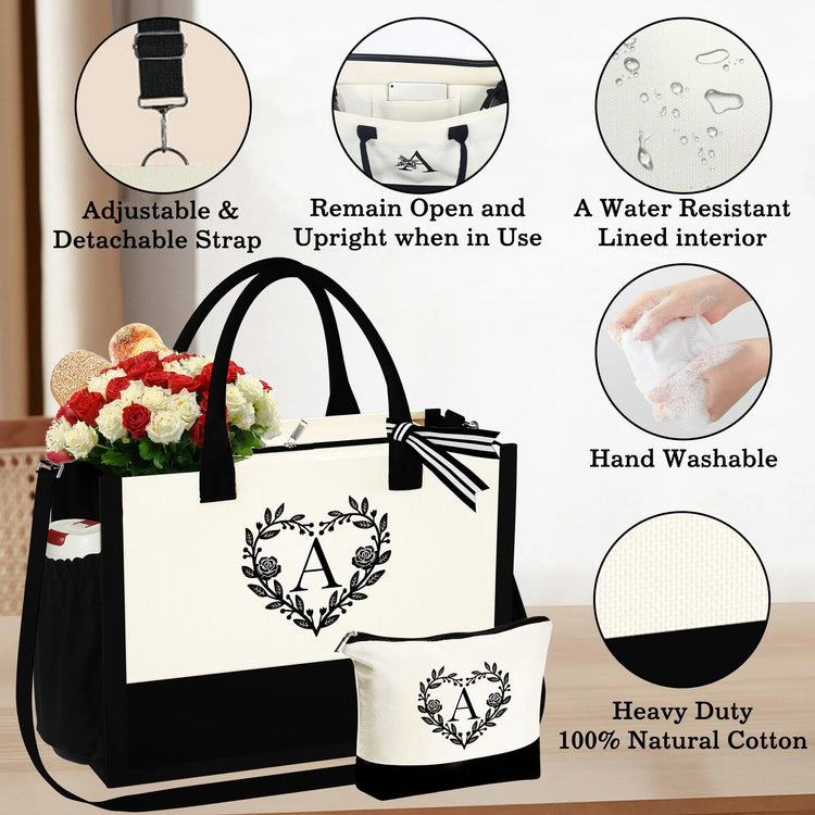 Initial Tote Bag with Make up Bag Canvas Beach Bag with Zipper Birthday Valentine&