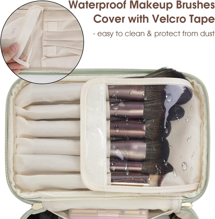 Makeup Bag, Travel Make up Organizer Cosmetic Brush Bags Case for Women in Vegan Leather, Sage Green, Patent Pending