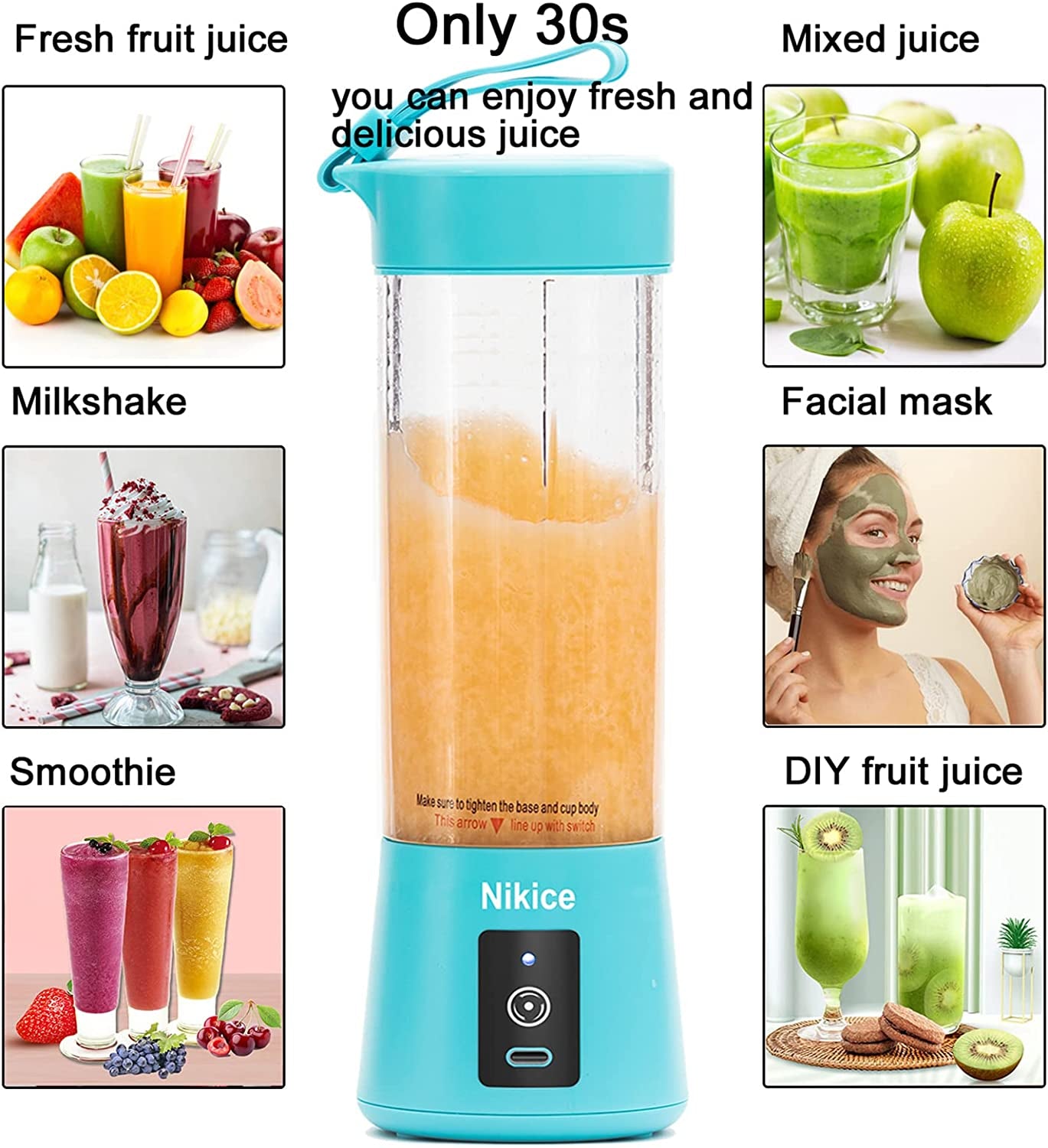 Personal Size Blender Juicer Cup - Portable Smoothies and Shakes Blender, Handheld Fruit Machine - Blue