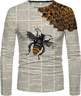 Long Sleeve Shirts for Men Art Bee Printing 3D Graphic Tees Shirts Color Block Tie Dye Tops Mens 3D Tshirts Loose Fit White