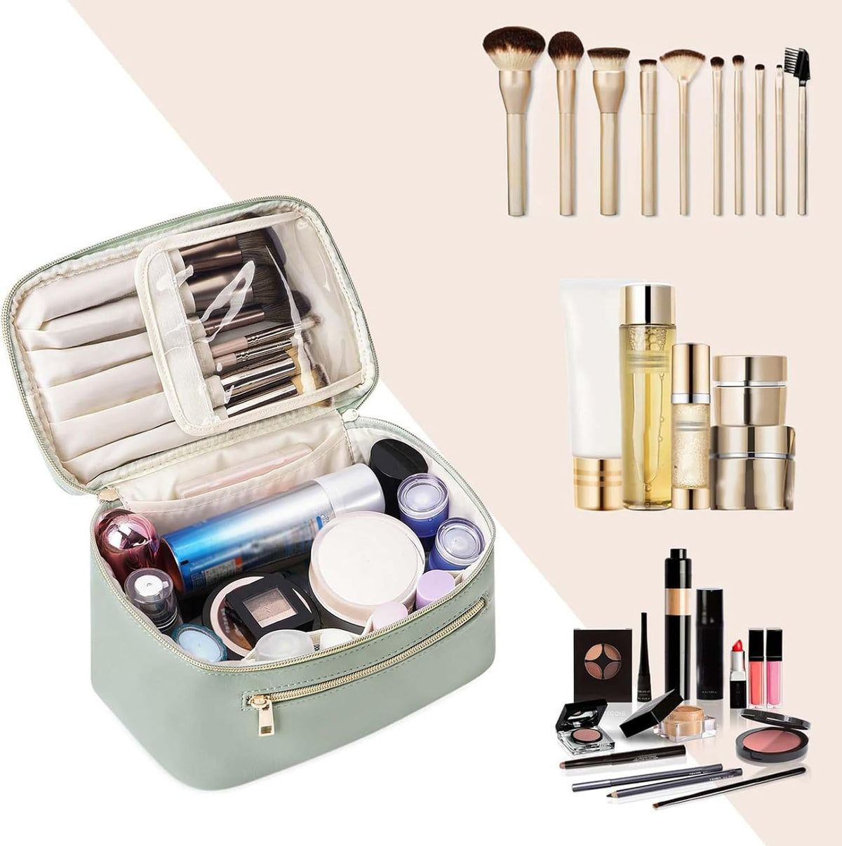 Makeup Bag, Travel Make up Organizer Cosmetic Brush Bags Case for Women in Vegan Leather, Sage Green, Patent Pending