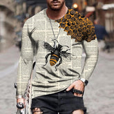 Long Sleeve Shirts for Men Art Bee Printing 3D Graphic Tees Shirts Color Block Tie Dye Tops Mens 3D Tshirts Loose Fit White